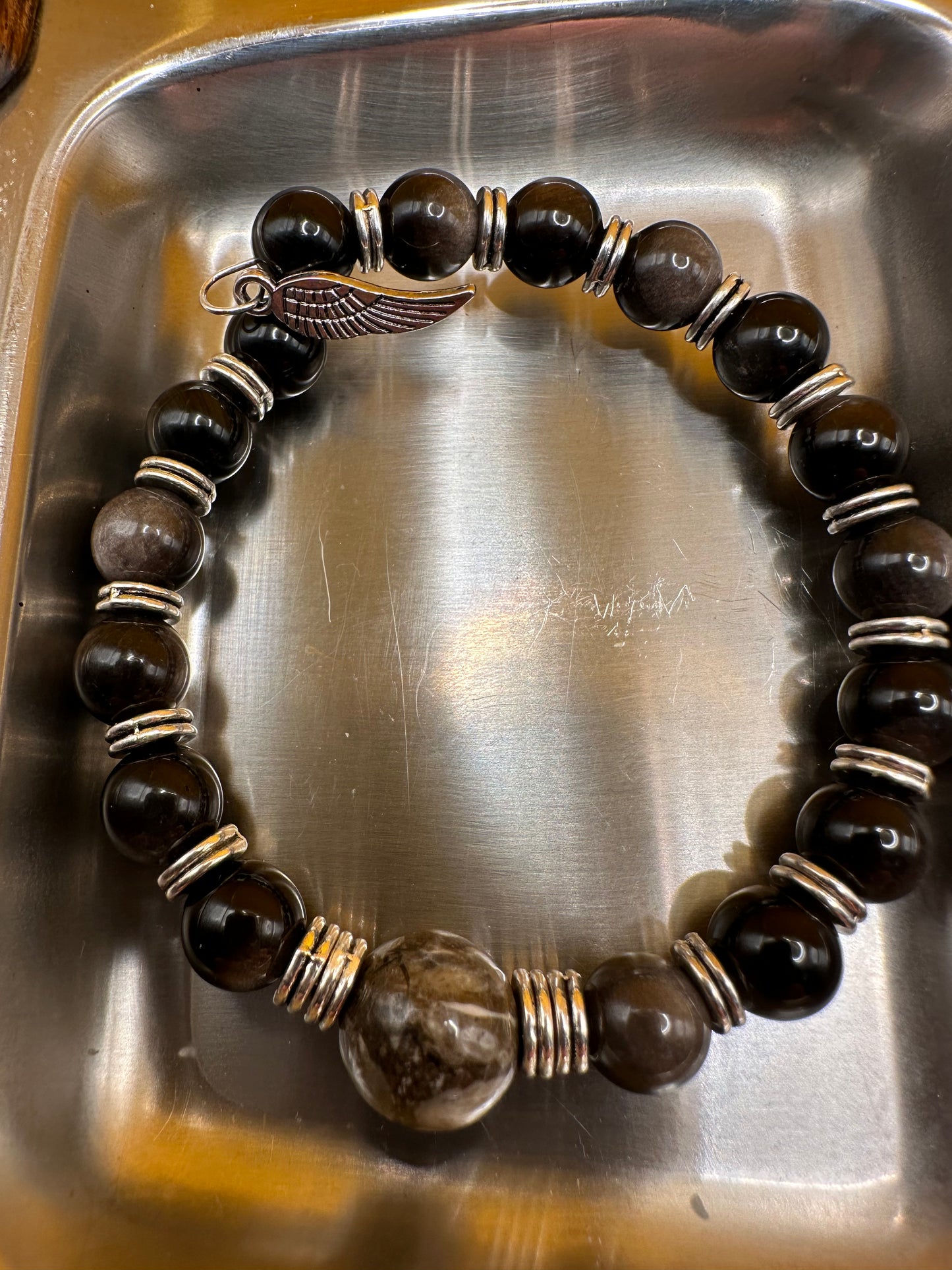 Unisex Black Lava Rock Bracelet with Petoskey stone focal bead