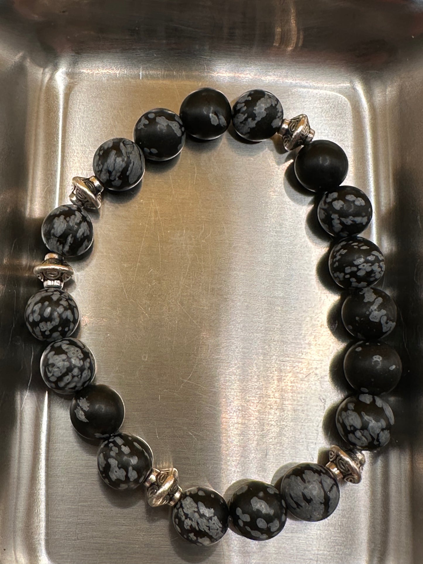 Unisex matte snowflake Obsidian semi-precious stone stretch Bracelet