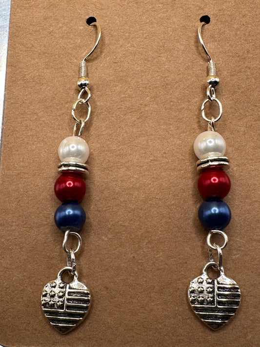 Patriotic Red White and Blue Earrings with Sterling Silver ear wires and Flag/Heart Charm