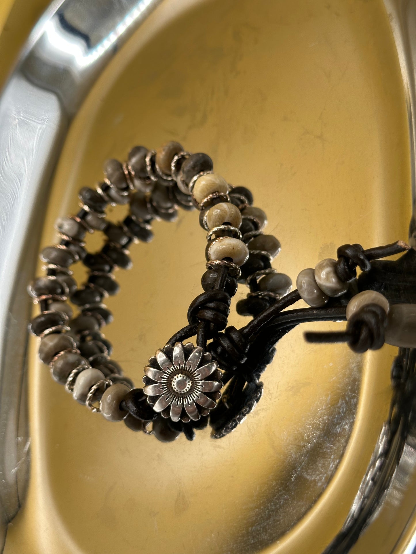 Rare Petoskey Stone and brown leather unisex bracelet