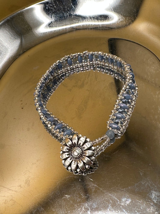 Cornflower blue luster and crystal blue Superduo beaded bracelet with silver delica bead accents.