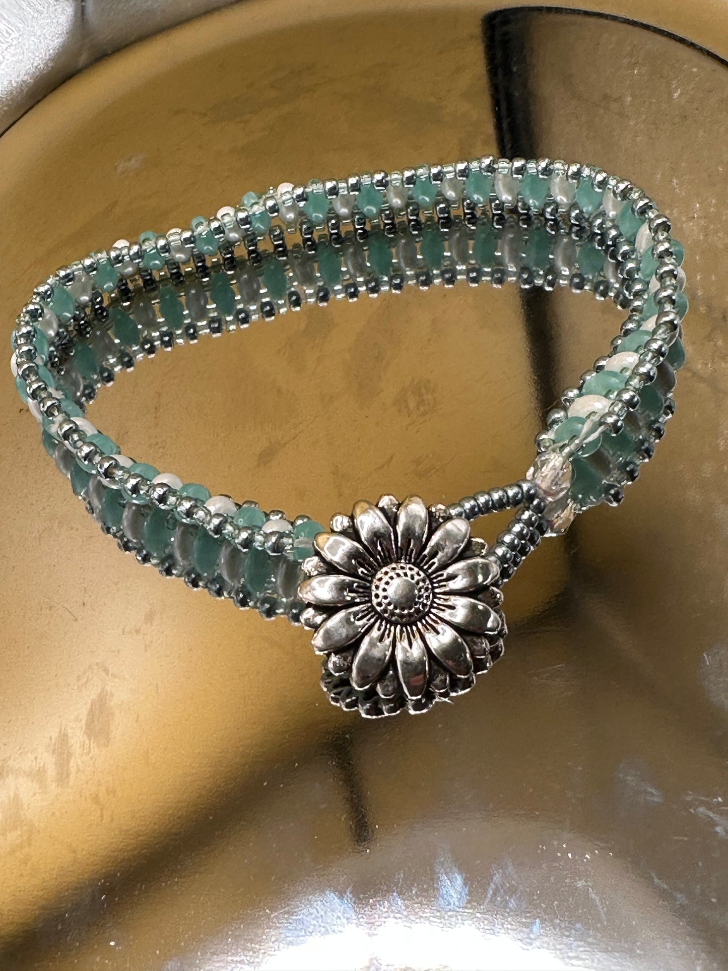 Seafoam and cream Pearl Superduo beaded bracelet