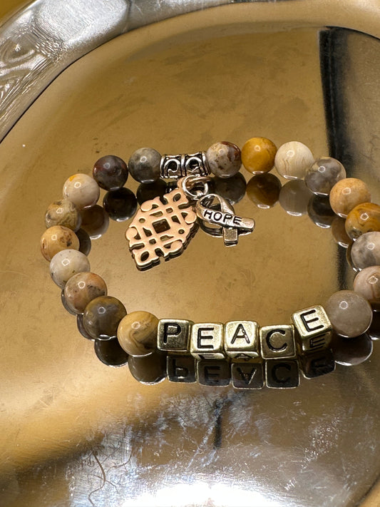 Crazy Agate Natural Stone bead Stretch Bracelet with "Peace" in cube gold tone beads with hope cancer ribbon charm and copper tone charm.