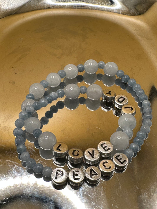 Natural round Aquamarine beaded double wrap stretch Bracelet with silver/black tone "Love, Joy, Peace."