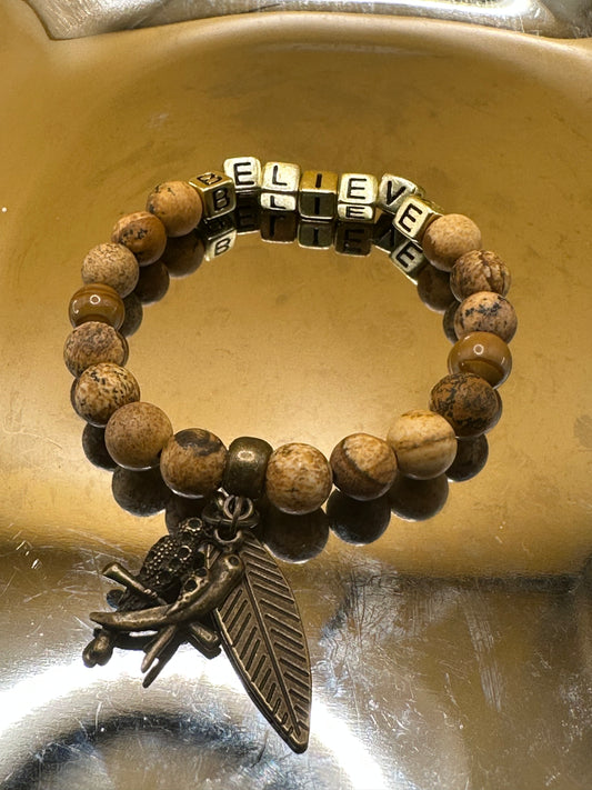 Picture Jasper Natural Stone stretch Bracelet with gold tone "Believe" square beads. Antique brass leaf and love bird charms.